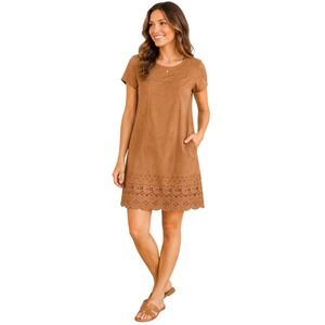 NWT Daisy Lane Camel Faux Suede Laser Cut Eyelet Scalloped Hem Shift Dress M